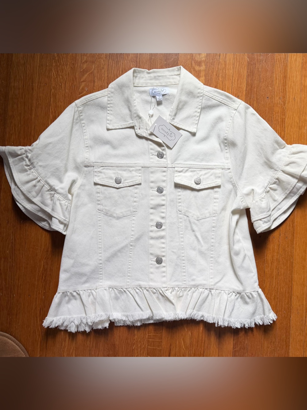 NWT Mudpie White Denim Jacket with Ruffled Sleeve & Hem